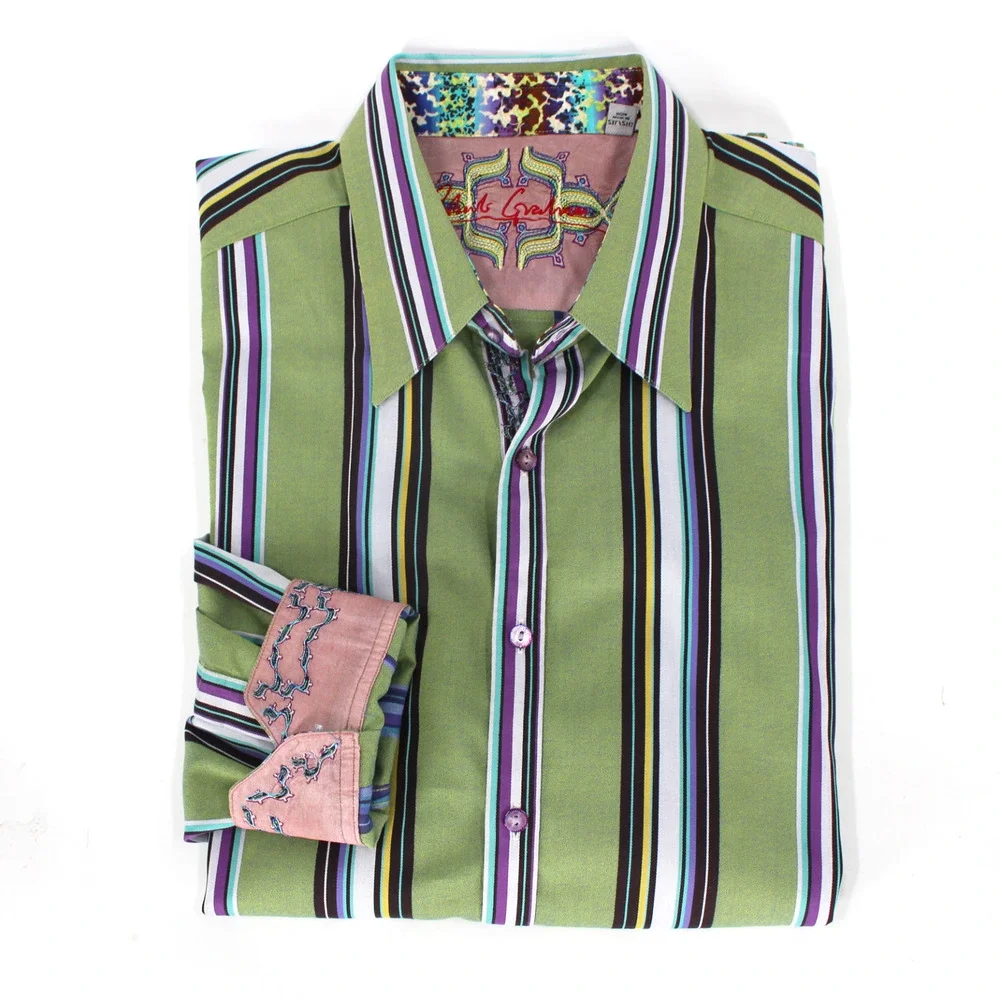 Robert Graham Green Color Stripe Cotton Flip Cuff Button Long Sleeve Shirt 2XL